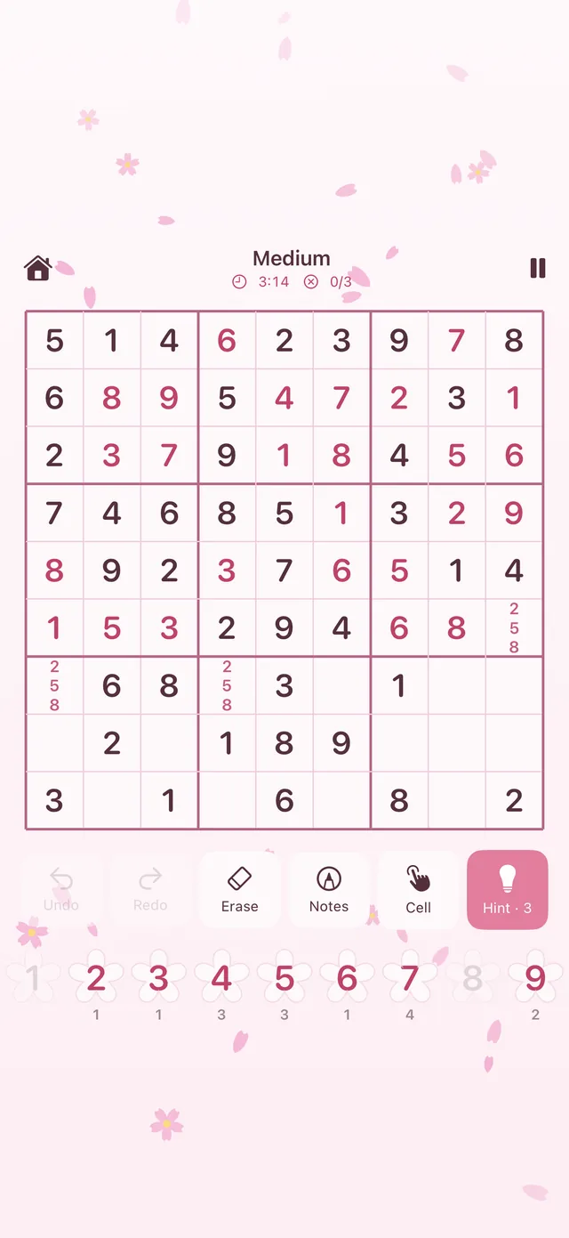 A Medium Sudoku in progress on the Sakura board, with notes and the number pad