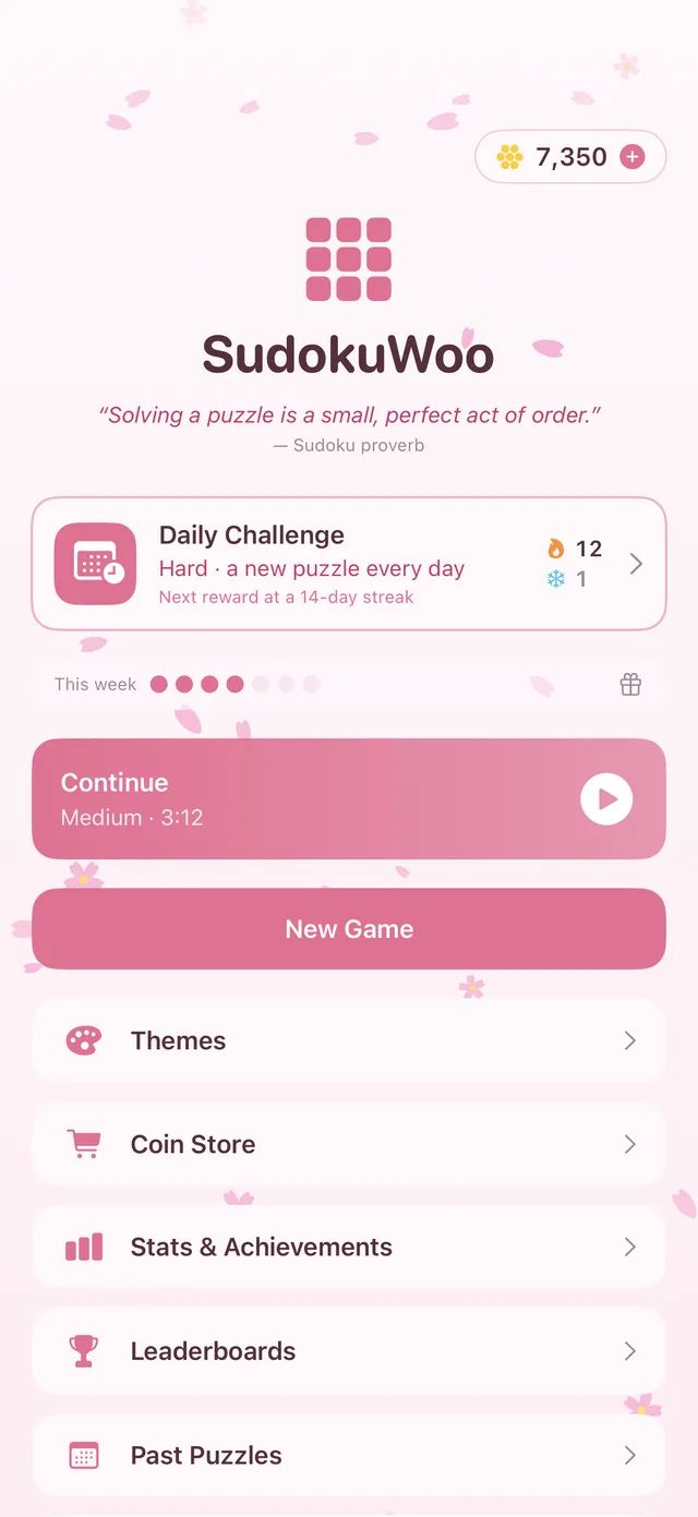 The home screen with the Daily Challenge, your weekly progress and a Continue button